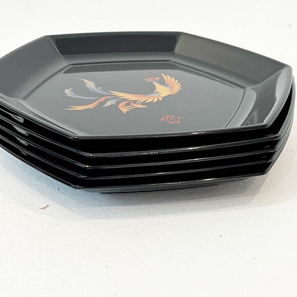 Japanese Laquerware Mid Century Set of 5 Plates 4 Forks Black Phoenix Kansai - Picture 4 of 7